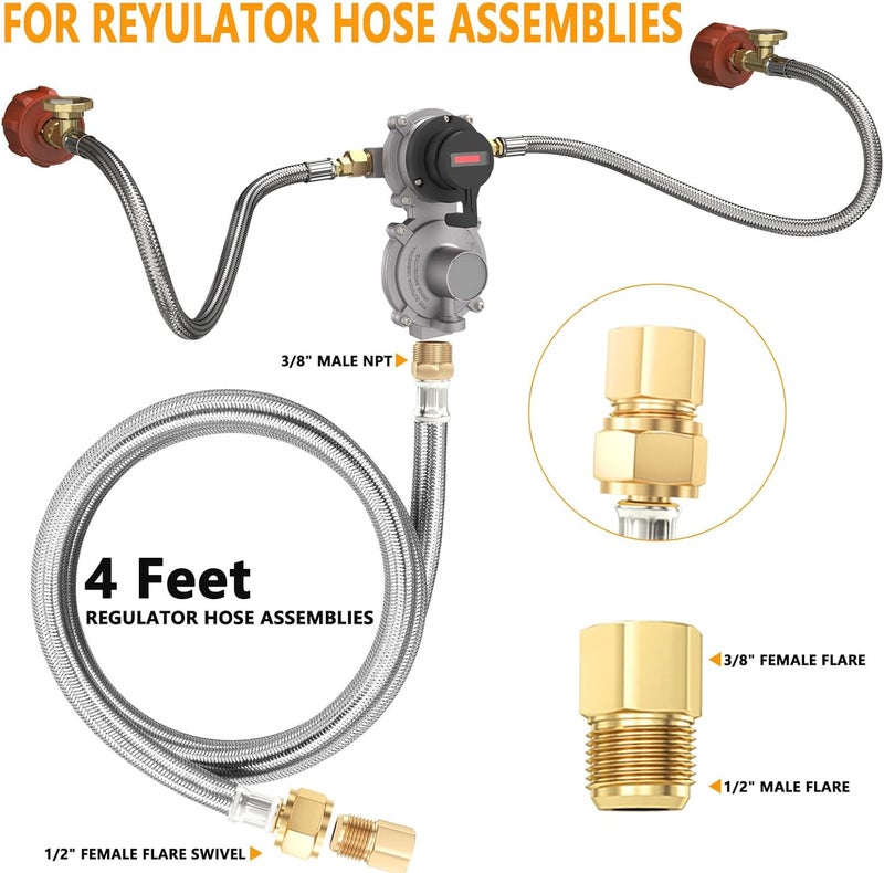 MEFUN 2 Stage Auto Changeover LP Propane Gas Regulator with 2 Pcs 18"RV Pigtail Propane Hose with Gauge and 4FT Stainless Braided Regulator Hose Assemblies Dual Propane Tank Regulator for RVs,Trailers,Campe - Image 2